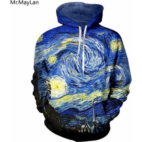 Harajuku Van Gogh Oil Painting Starry Night 3D Print Jacket Hoodie Women/Men Hipster Gothic Hat Sweatshirt 2018 Boy Blue Clothes