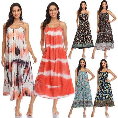 Summer Dress Boho Women Sleeveless Casual Bohemian Long Dress Holiday Sukienka Sexy Floral Print Loose Beach Wear Dress Shirred