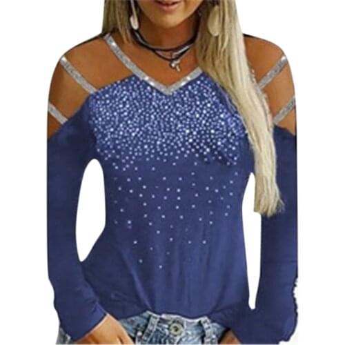 Summer Fashion T-shirt V-neck Off-the-shoulder Tops Rhinestone Glitter Decor Bandage Long-sleeved Womens T-shirt