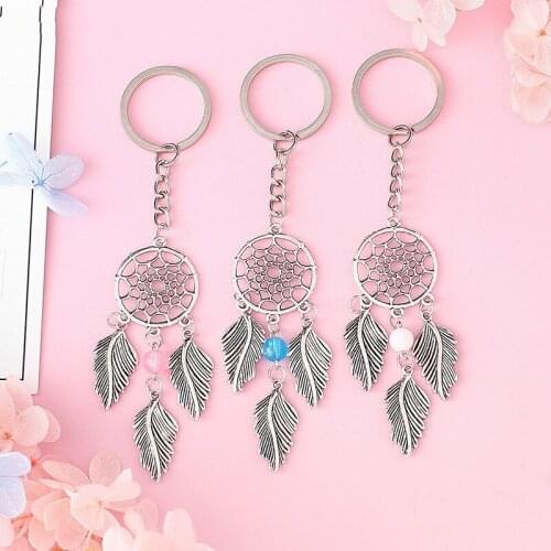 Dream Catcher Simple Fashion With Green Pink Beads Key Ring Buckle Pendant Tone Feathers Tassels Keychain For Gift S076