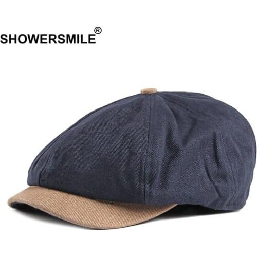 SHOWERSMILE Men Newsboy Cap Male British Style Cotton Navy Patchwork Beret Hat Spring Summer Male Octagonal Cap