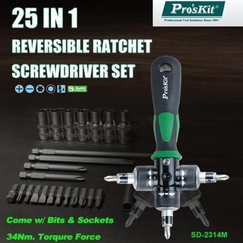 ProsKit Original SD-2314M 25 In 1 Reversible Ratchet Magnetic Screwdriver W/Bits & Sockets Set Screwdriver Set for phone repair