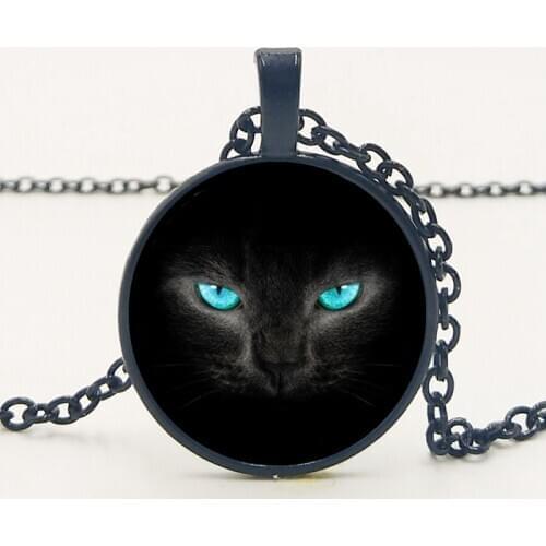 Handmade New Retro Exquisite Accessories Alloy Glass Blue Eyes Black Cat Time Pendant Necklace Family Photo Private Custom