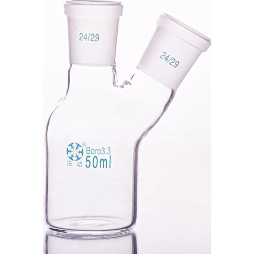 Single-deck cylindrical two-necked flat-bottom flask 50ml,Main 24/29,Side 24/29,Single-deck cylindrical reactor bottle