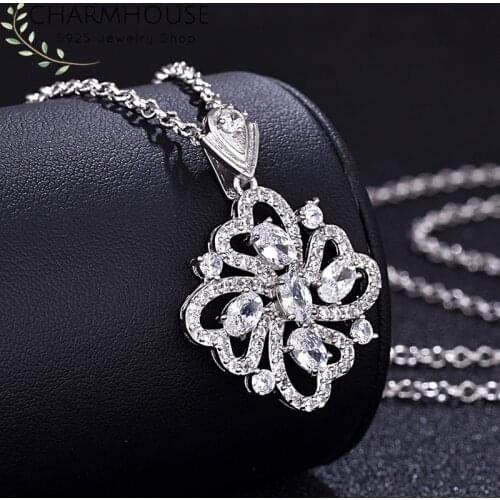 Charmhouse Silver 925 Necklaces For Women Collier Femme Heart Square Pendant Necklace With Zirconia Wedding Bridal Jewelry Gifts