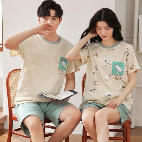 Couple Pajamas Sets Women Soft Cotton Cartoon Fashion Homewear Men Short Sleeve Sleepwear Summer Light Green Kawaii Nightwear