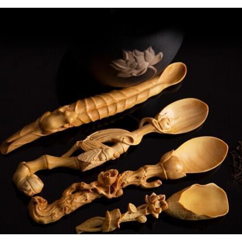 Boxwood 14cm Tea Spoon Sculpture Tea Shovel Ceremony Collection Wood Statue Tea Set Home Decor