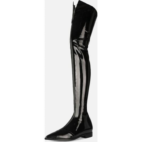 Sexy Woman Black Grey Patent Leather Pointed Toe Thigh Boots Low Heel Zipper Over The Knee Boots Lady Knight Boots