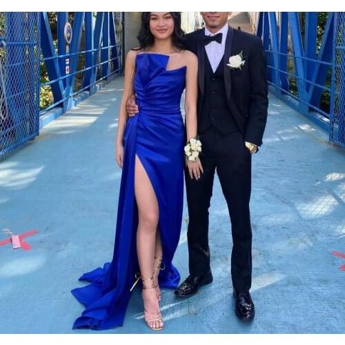 Sexy Blue Mermaid Evening Dresses Side Split Strapless Long Satin Special Occasion Gowns Prom Party Dress For Women Girls