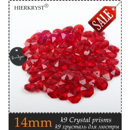 HIERKRYST 100 pcs 14 mm Octagon Beads Crystal Glass Chandelier Parts Rainbows Maker Prisms Pendants Connectors Red #04