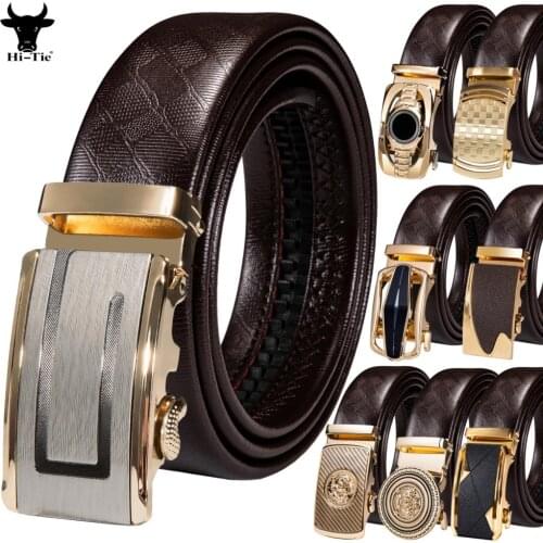 High Quality Casual Brown Genuine Leather Mens Belts Gold Black Automatic Buckles Ratchet Dress Jeans Pants Waist Straps Formal