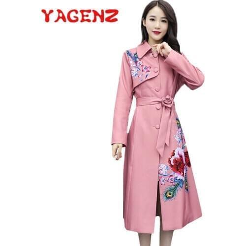 YAGENZ Fashion Embroidered Trench Coat Women Spring Autumn Clothes Outwear Long Single-breasted With Belt Windbreaker Coat 722