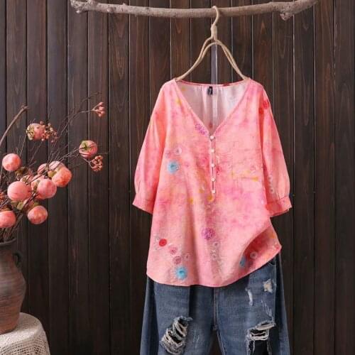 Plus size Short sleeve V-neck button pocket women summer t shirt 2021 ladies print tee shirts femme loose t-shirt