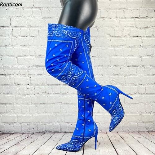 Ronticool Handmade Women Winter Thigh Boots Satin Ethnic Sexy Stiletto Heel Pointed Toe Blue Black Red Club Shoes Us Size 5-15