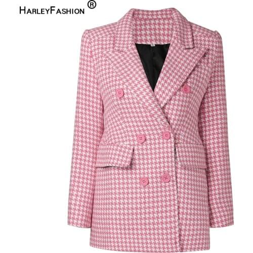 HarleyFashion 2021 New Winter Trend High Street Women Thick Pink Tweed Jacket Houndstooth Long Blazers