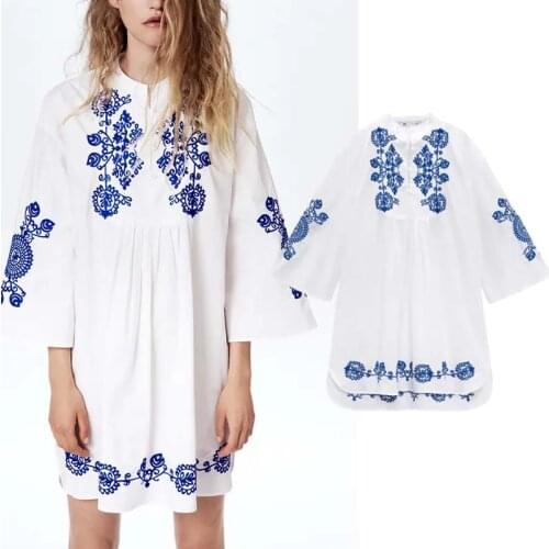 Za 2021 Dress Woman Embroidered Pleated Short Summer Dress Women Asymmetric Hem Long Sleeve Vintage Mini Dresses