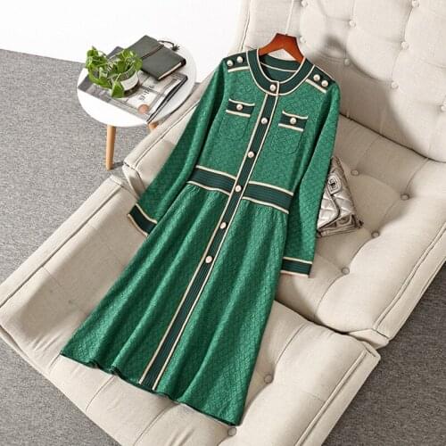 Quality Autumn Winter High Runway Fashion Long Sleeve Blue Button Knitted Green Sweater Slim Dress