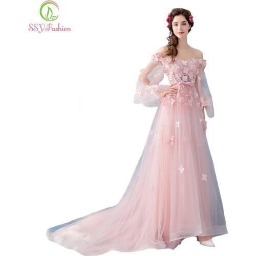 SSYFashion New Sweet Pink Evenin Dress Romantic Lace Appliques Butterfly Sleeves Sweep Train Long Prom Party Gown Formal Dresses
