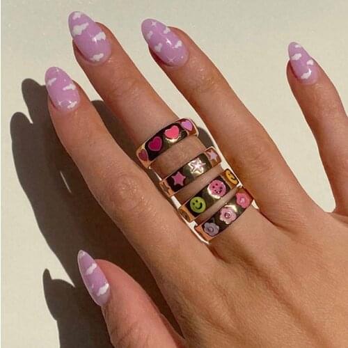 Golden Rings with Heart Star Smile Face Cube Enamel Metal Rings for Women Weeding Party Girl Summer Travel Jewelry
