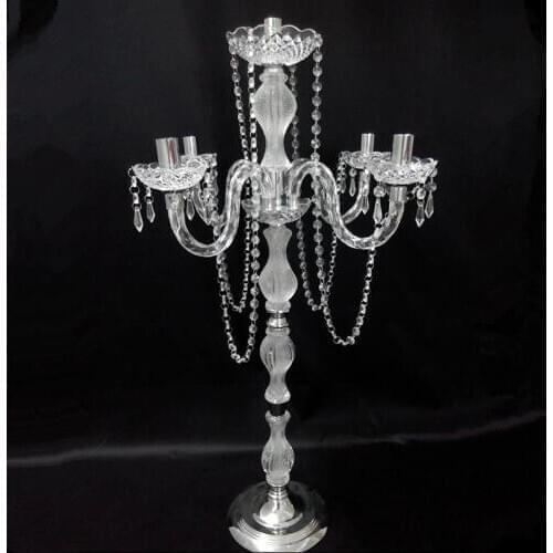 10 pcs / lot 90 cm height Acrylic 5 arms metal candelabras with crystal pendants wedding candle holder centerpiece party decor