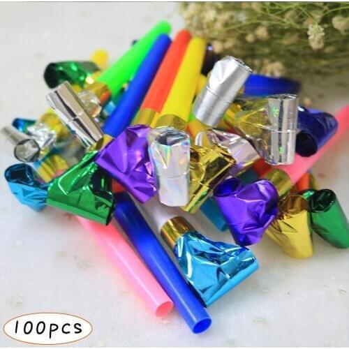 100x MIXED MINI PARTY BLOWERS Horns Trumpet Sparkly Shiny Birthday Surprise