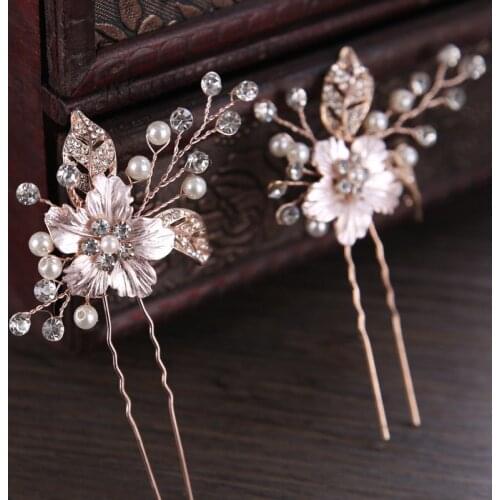 2pcs U Shape Hair Pin Flower Crystal Pearl Hairpins Clips Bridal Wedding Hair Jewelry Hair Sticks for Bride Noiva Hair Styling