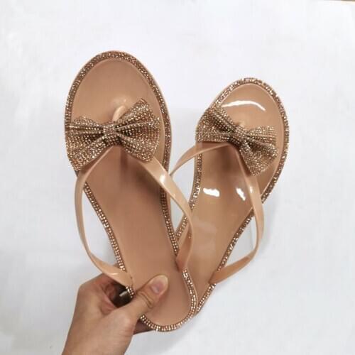 2020 new summer women Flip Flops Ladies Slippers Sweet Bow Rhinestone PVC Flat Bottom breathable Women Beach Shoes