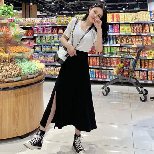2021 Spring and Summer A-line Retro High Waist Full Swing Long Skirt Women Medium Length Side Split Black Skirt Women