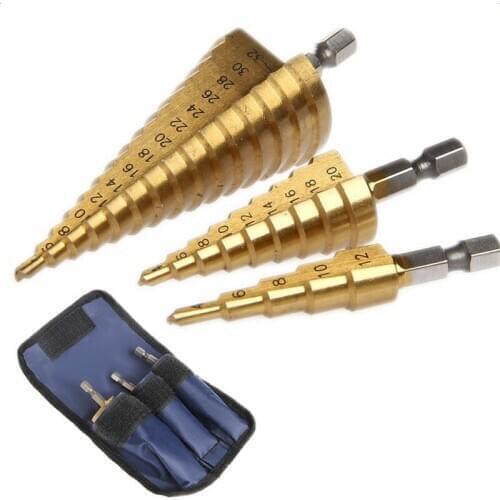 3Pc Hss Step Cone Taper Drill Bit Set Hole Cutter Metric 4-12/20/32Mm 1/4 Inch Titanium Coated Metal Hex Bits