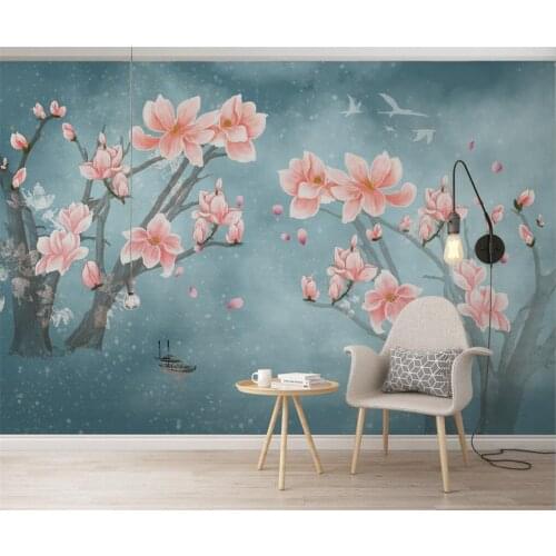 Beibehang Customized Wallpaper 3D Mural New Chinese Hand-painted Magnolia Flower Background Living Room TV Background Wall Mural