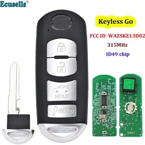 4 Buttons Keyless-Go Smart Remote Key 315MHz ID49 Hitag Pro Chip for Mazda 3 Sedan 6 MX-5 Miata FCC WAZSKE13D02 with Small Key