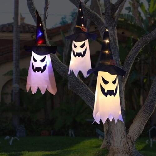 Halloween Decoration Lighted Glowing Ghost Witch Hat String Light Battery Operated 3 Modes Hanging Decor for Home Yard Tree
