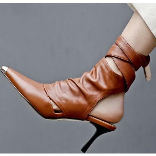 2020 Women Fashion Design Pointed Toe Lace-up Gladiator Boots Cut-out Rope-up High Heel Ankle Boots Western Style Street Shoes