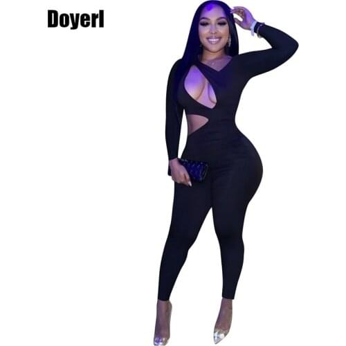 Black Sexy Hollow Out Jumpsuit Women Overalls Party Bodycon Jumpsuit Long Sleeve Stretch Skinny Rompers Womens Jumpsuit Clubwear