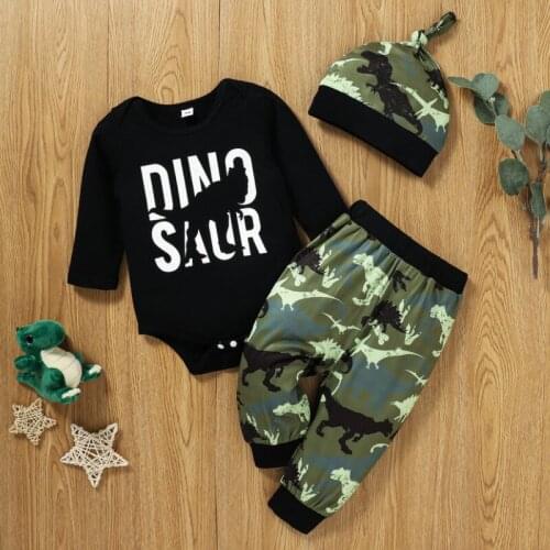 Three Piece Babys Boys Clothes Fashion Letter Long Sleeve Romper and Dinosaur Trousers with Hat Spring Autumn