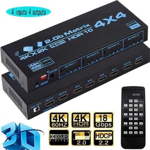 HDMI-compatible Matrix Switch 4x4, 4K Matrix Switcher Splitter 4 In 4 Out Box with EDID Extractor and IR Remote Control