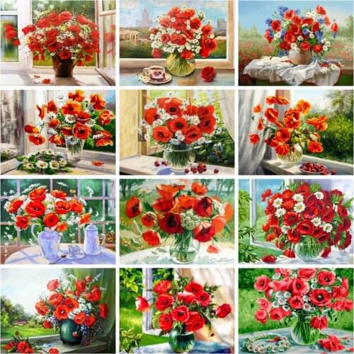 Huacan Diamond Painting New Arrival Poppy Flower Mosaic Red Flower Home Decor Embroidery Floral Vase Wall Stickers