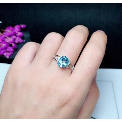 S925 silver Natural blue topaz gem ring natural gemstone ring elegance round Fork opening geometry woman girl party gift jewelry