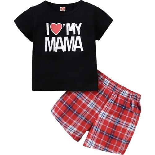 Baby Boys Clothing Set for Summer I Love My Mama Short Sleeve Top And Plaid Shorts 2Pcs Sets Outfits Toddler Boys Clothes D30