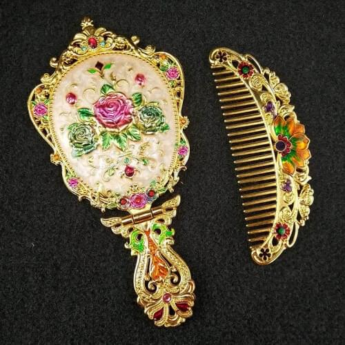 Retro Cosmetic Mirror Desktop Cosmetic Mirror Princess Mirror Peacock Hand-held Single-sided Embroidered Mirror with Comb