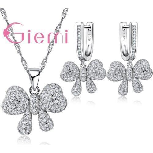 Beautful Bow tie Shape Jewelry Sets For Lovely Little Girls 925 Sterling Silver Accessories Pendant Necklace Hoop Earring