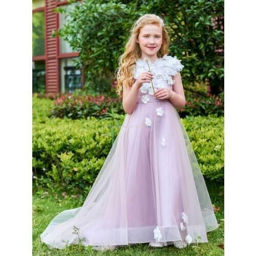 Hot sale O-neck short sleeves A-line floor-length sweep train tulle flower girl dresses pleats&flowers free shipping