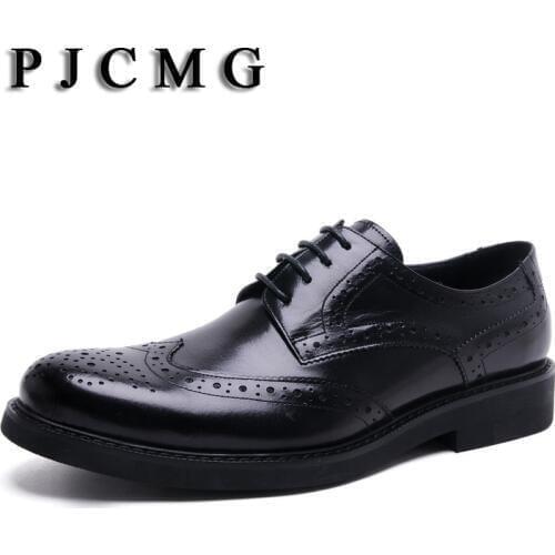 PJCMG High Quality Men Oxfords Style Carved Genuine Leather Brown/Black Brogue Lace-Up Bullock Business Mens Flats Shoes 11