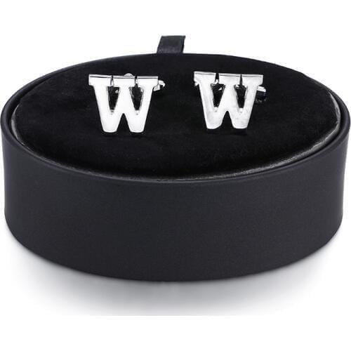 DY a set of high quality fashion silvery letter W Cufflinks black leather box men French shirt Cufflinks box set free shipping