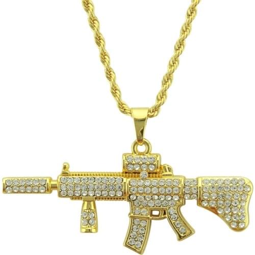 Shining Golden Stainless Steel Crystal M4A1 Shape Pendant Necklace Charm Hip Hop Fashion Jewelry Gift For Party For Men Boy