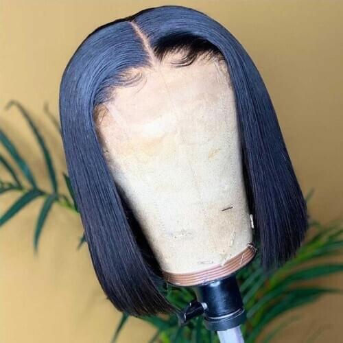 Remy Blunt Cut Short Bob Silky Straight Blue Colored Transpare Lace Front Human Hair Wig Middle Part For Woman With Bahy Hair