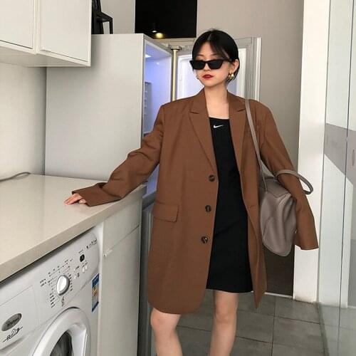 Korean Brown Mid-length Blazers Women Fashion Turndown Collar Long Sleeve Casual Suit Jacket 2021 Spring Autumn Loose Streetwear