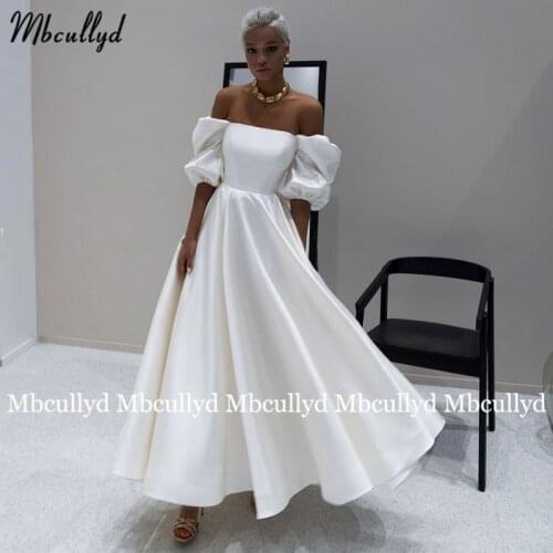 Vintage Satin Puff Short Sleeve Wedding Dresses 2021 Strapless A line Satin White Ankle Length Bride Dresses Party Plus Size