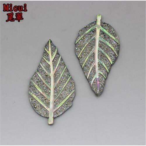 Micui 20pcs 26*52mm White AB Resin Rhinestones Flat Back Leaf Gems Button For Clothes Dress Crafts Garment decoration ZZ507