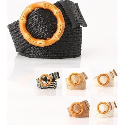 Vintage Bohemian Woven Belt Womens Solid Wood Round Plain Buckle Wide Faux Grass Woven Ladies Elastic Belt